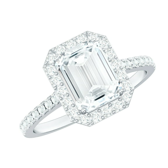 Rosec Jewels Certified Moissanite Emerald Cut Engagement Ring 2 Carat - Moissanite Halo Ring (6X8 mm, D-VS1 Quality), 14K White Gold, US 6.50