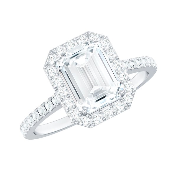 Rosec Jewels Certified Moissanite Emerald Cut Engagement Ring 2 Carat - Moissanite Halo Ring (6X8 mm, D-VS1 Quality), 14K White Gold, US 7.50