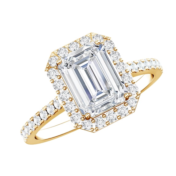 Rosec Jewels Certified Moissanite Emerald Cut Engagement Ring 2 Carat - Moissanite Halo Ring (6X8 mm, D-VS1 Quality), 14K Yellow Gold, US 12.50