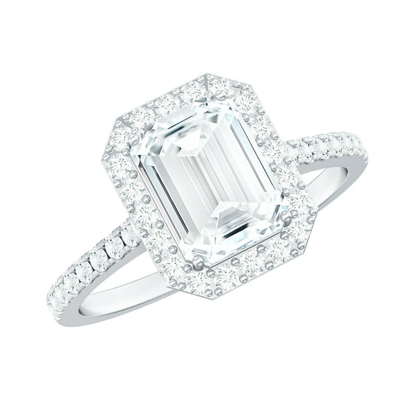 Rosec Jewels Certified Moissanite Emerald Cut Engagement Ring 2 Carat - Moissanite Halo Ring (6X8 mm, D-VS1 Quality), 925 Sterling Silver, US 6.00