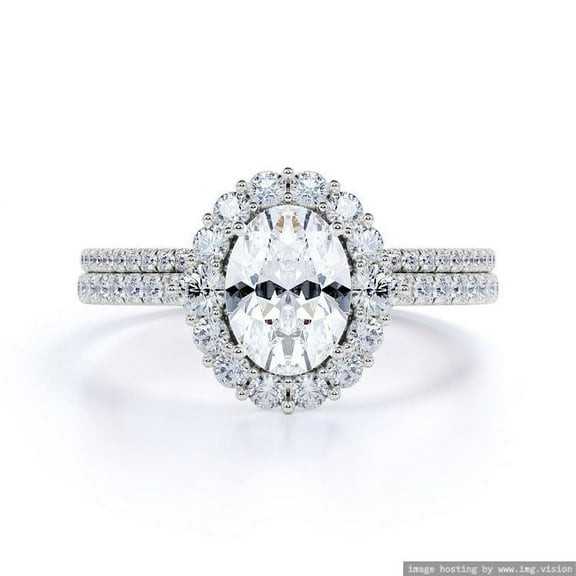 Vintage Moissanite Ring 1.55 ct Oval Cut & Diamond Flower Halo Bridal Set925 Sterling Silver (Solid) Ring Size - 5 US