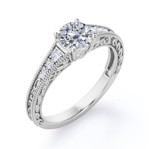 Vintage Moissanite Ring Tapered style 1.1 carat Round cut & Diamond Edwardian Filigree Engagement Ring 18K White Gold (Plating Over Silver) Ring Size - 7.5 US