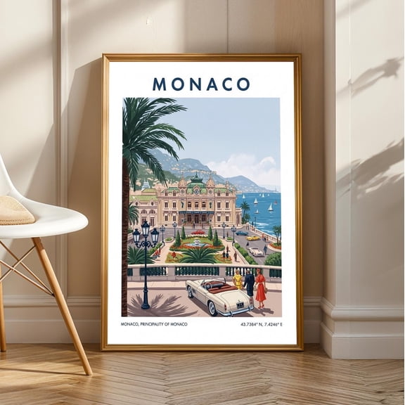 Vintage Monaco Casino Poster: Gouache Style European Cityscape Art, Stretched Canvas Size 8x12