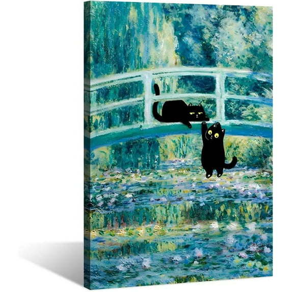 Vintage Monet Cat Poster Funny Black Cat Bridge of Waterlilies Canvas Wall Art Famous Oil Paintings Monet Black Cat Poster Gallery Aesthetic Room Decor for Bedroom Bathroom Unframed
