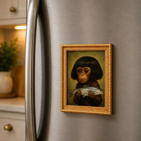 Vintage Monkey Holding Fish Wooden Fridge Magnet, Quirky Kitchen Gift