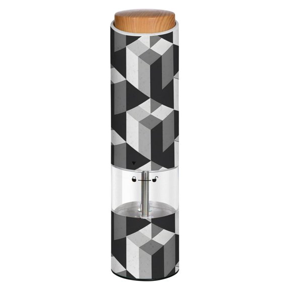 Vintage Monochrome Cube Labyrinth Printed Electric Pepper Mill One-Touch Battery Operated Salt Grinder Adjustable Coarseness Decorative Counter Spice Tool