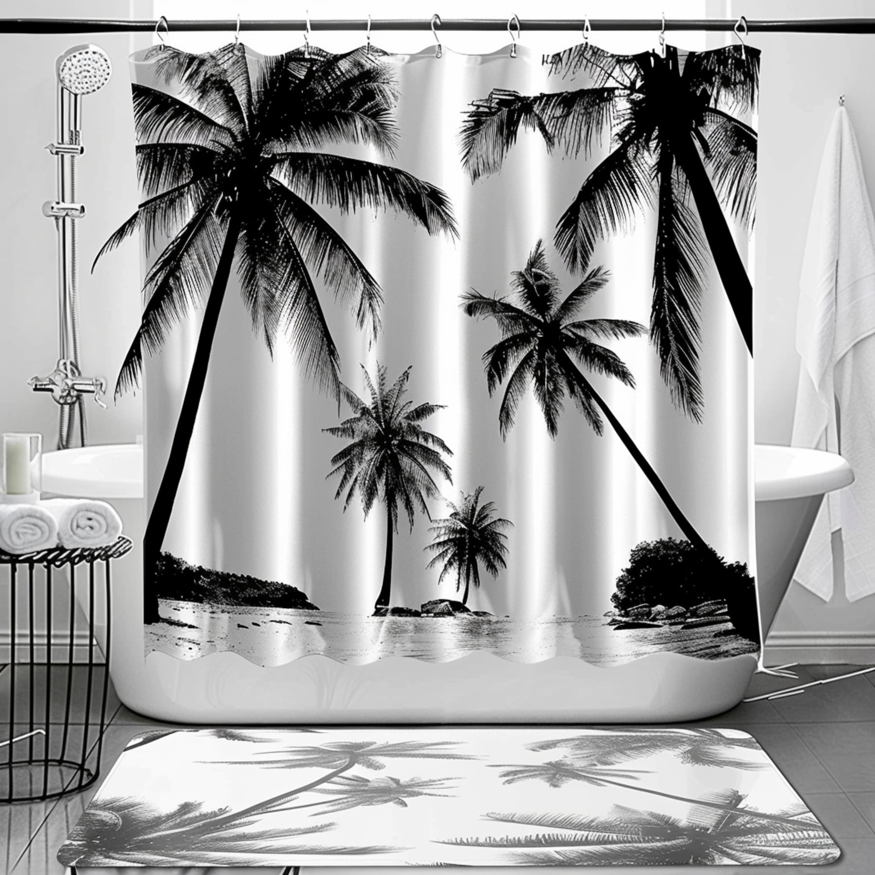 Vintage Monochrome Palm Tree Bathroom Decor Set Shower CurtainChic