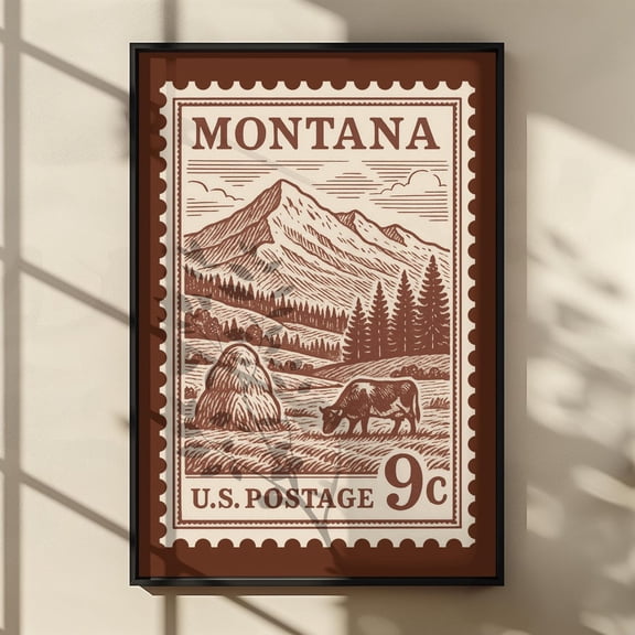 Vintage Montana Postage Stamp Poster Retro Western Wall Art Mountain Ranch Scene Poster Cabin Decor, Unframed Poster Size 24x36