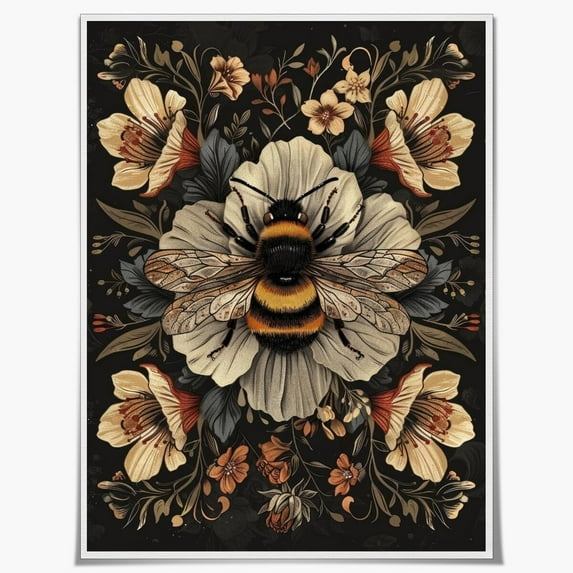 Vintage Moody Bee Wall Art Print Mid Century Dark Academia Artwork Aesthetic Poster Retro Botanical Floral Cottagecore Decor for living room bedroom office wall decor Unframed16x20inch