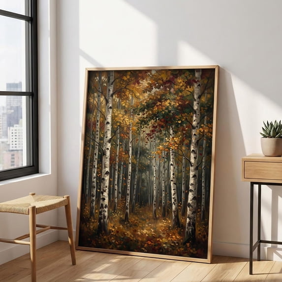 Fall Barber Display Vintage Moody Birch Tree Poster, Autumn Forest, Rustic Cabin, Dark ...