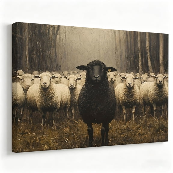 Vintage Moody Black Sheep Canvas Wall Art - Impressionist Farmhouse Flock Painting Print - Matte Finish Gallery Wrapped Rustic Cottagecore Decor Ready to Hang 24*36