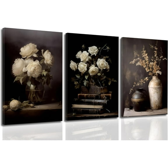 Vintage Moody Flower Wall Art Dark Floral Canvas Rustic Wall decor Black Botanical Farmhouse Painting Picture Dark Academia Poster Still Life Vase Book Rose Prints Artwork for Living Room Bedroom