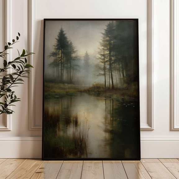 Vintage Moody Lake Landscape | Pine Trees Forest Scene | Rustic Print UNFRAMED Poster, Wall Art for Decor, Present, 8x12