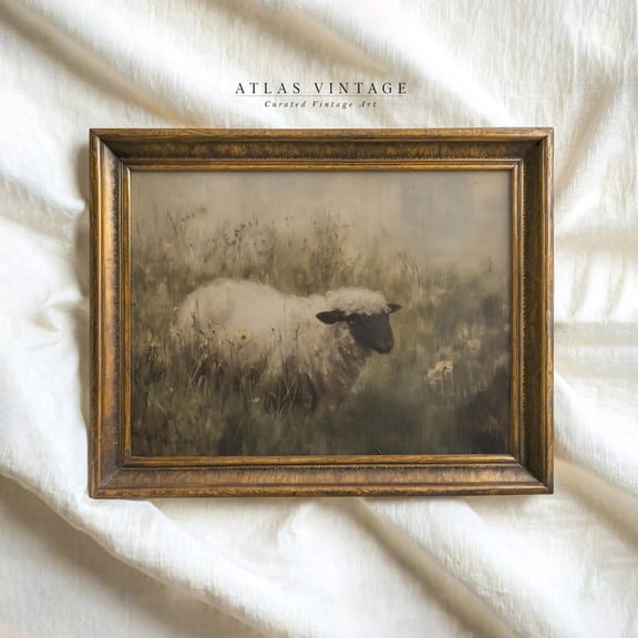 Vintage Moody Sheep Landscape Print, Summer Countryside Printable Wall Art, Rustic Farmhouse Cabin Decor, Pasture Painting 12x18 UNFRAMED