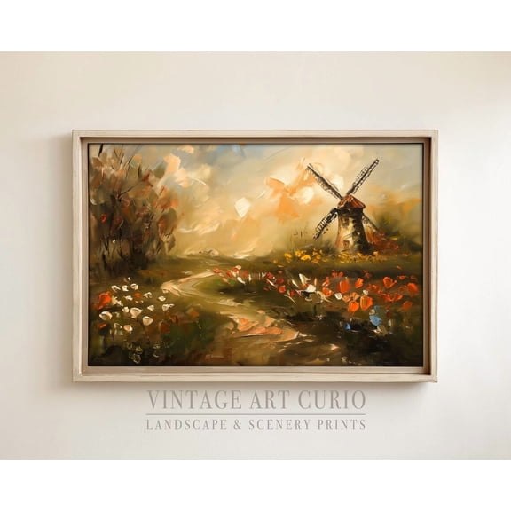 Vintage Moody Spring Wildflower Landscape, Windmill Cottagecore Wall Art For Dark Farmhouse Decor, Antique Scenery Print Home Decor UNFRAMED Poster, Wall Art for Decor, Present, 8x12