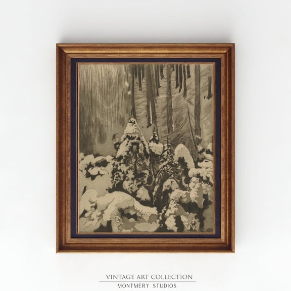 Vintage Moody Winter Print Poster, Forest Etching, Snowy Pine Trees Wall Art Poster, Rustic Farmhouse Decor, , W39, Unframed Poster Size 16x24 F03.1.19l314
