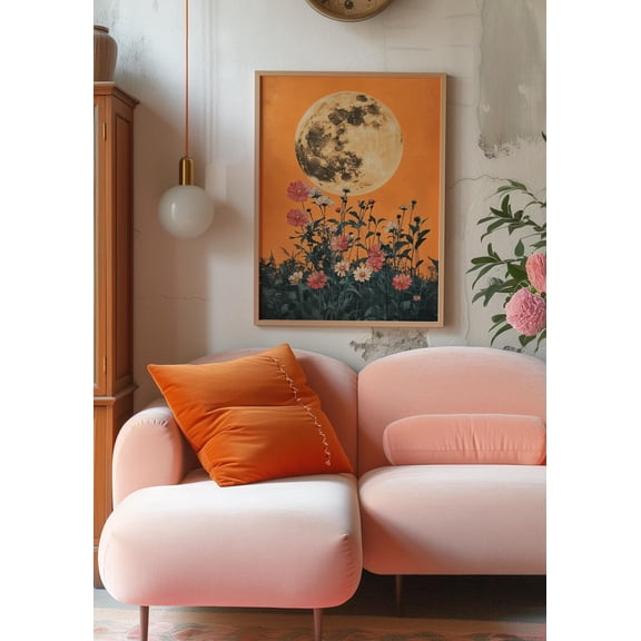 Vintage Moon 70s Retro Floral Celestial Art, Unframed Paper Poster 11x14in