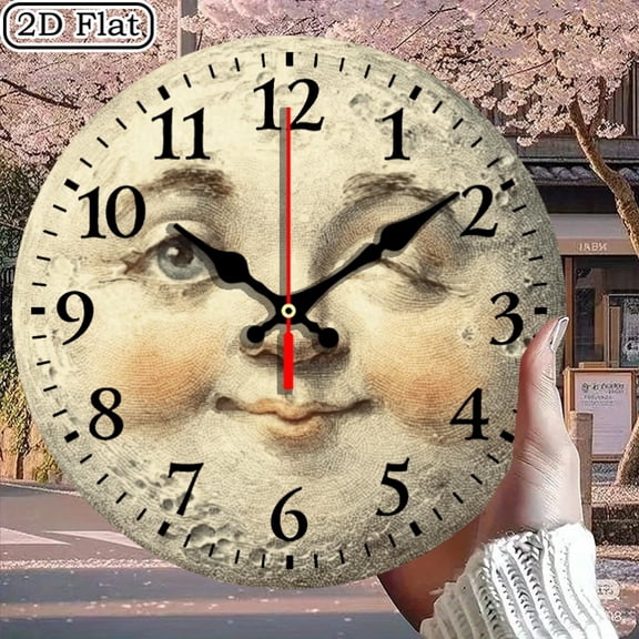 Vintage Moon Face Wall Clock - Silent Non-Ticking Round Wooden Hanging Clock with Moon Phase & Retro Face, Large Black Hands for Bedroom,, Room, Office, Kitchen Decor - (No Battery Included)
