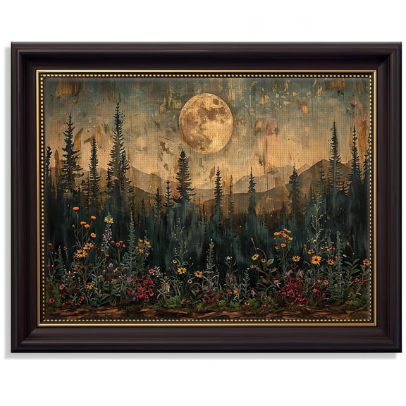 Vintage Moon Forest Floral Wall Art Print, Serene Nature Home Decor