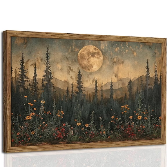 Vintage Moon Forest Wall Art, 3D Textured Natural Landscape Wall Decor, Hand-painted Sandstone Forest Wildflower Image Printed Artwork