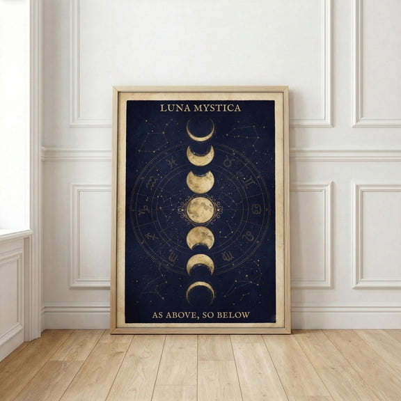 Vintage Moon Phase Art Print, Celestial Zodiac Wheel Poster, Mystical Astrology for Witchy Altar & Dark Academia Home Library , Poster Print Only