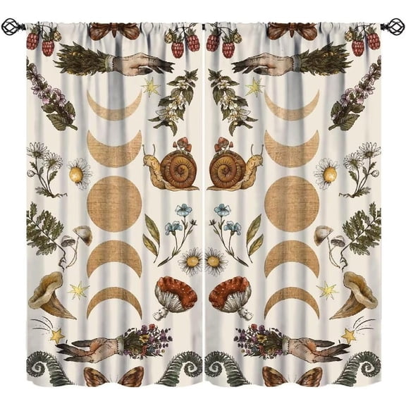 Vintage Moon Phase Curtains, Retro Witchy Hands Magic Wildflower Floral Butterfly Mushroom Plant Insect Print Window Treatments for Bedroom Living Room 55x39in