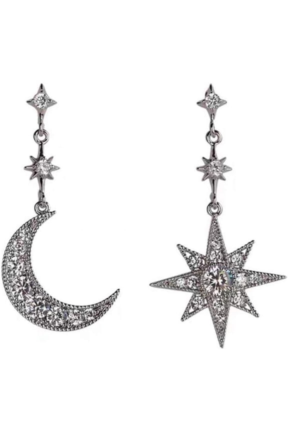 Vintage Moon Star Crystal Asymmetrical Dangle Drop Earrings Silver Sun Earrings for Women[d5781]