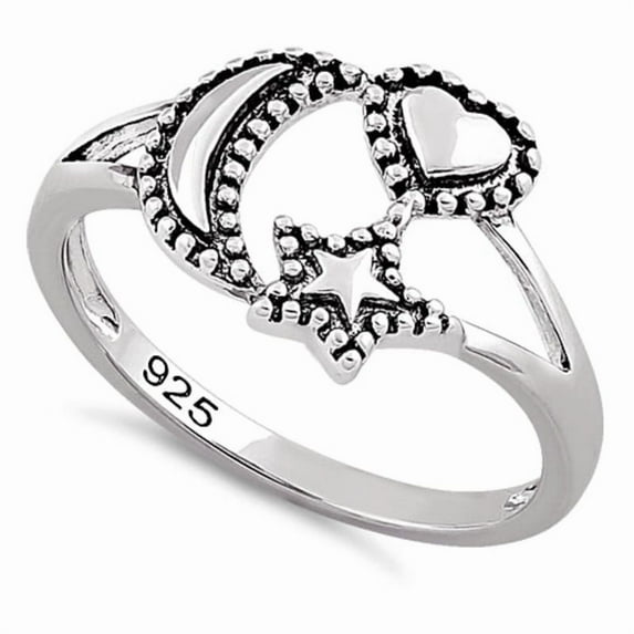 Vintage Moon Star Heart Ring 925 Sterling Silver Celestial Jewelry, Gift for Her
