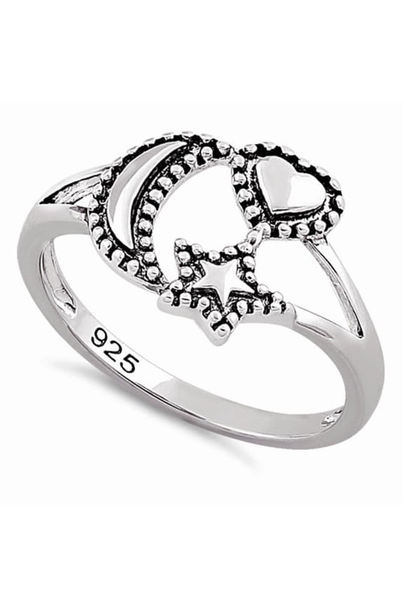 Vintage Moon Star Heart Ring 925 Sterling Silver Celestial Jewelry, Gift for Her