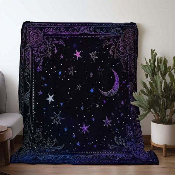 Vintage Moon Star Pattern Flannel Blanket, Ultra Soft Cozy All Season Warm Throw, Celestial Night Sky Decor Perfect Gift for Stargazers