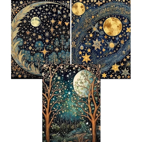 Vintage Moon & Stars Diamond Art Kits for Adults,5D Botanical Diamond Art 3-Piece Set,DIY Full Drill Diamond Painting Kit,Home Wall Decor Diamond Painting(12x16 Inch)