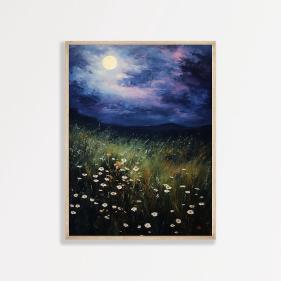 Vintage Moonlight Wildflowers Wall Art Moody Antique Poster