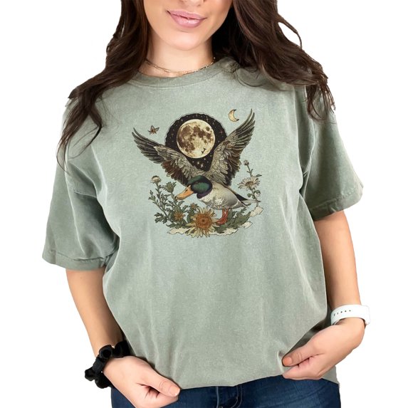 Vintage Moonlit Duck Graphic Tee, Unique Nature Wildlife Shirt, Retro Celestial Bird Illustration T-Shirt, Artistic Mallard Duck Tee, Moss Comfort Colors T-Shirt, 3XL