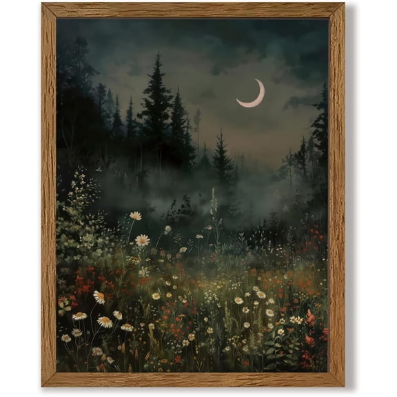 Vintage Moonlit Forest Flowers Wall Art Print, Gothic Decor