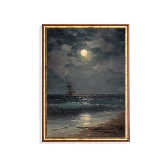 Vintage Moonlit Ocean Poster Antique Sailing Ship, Nautical Wall Art Home Decor, 16x24 UNFRAMED