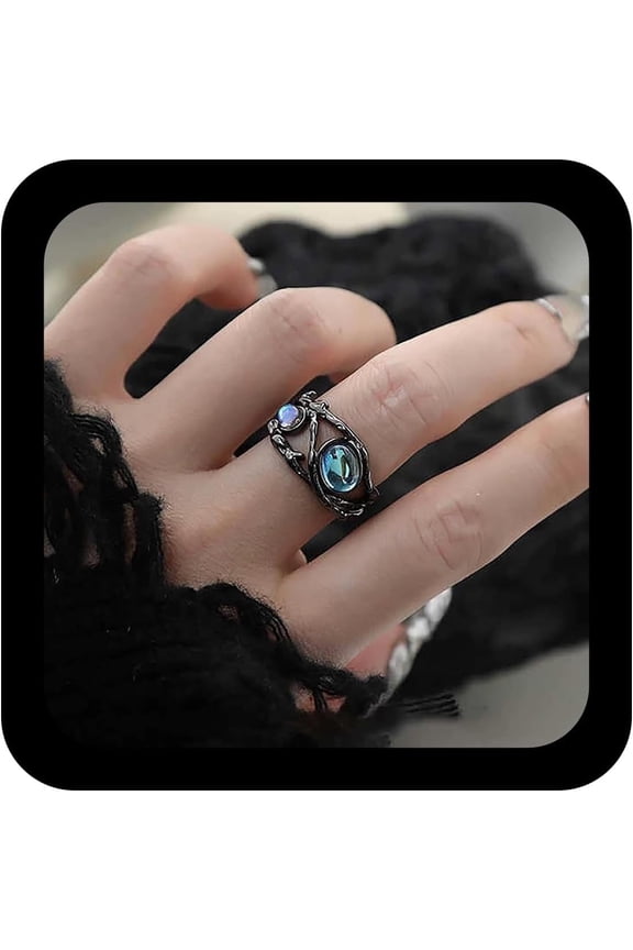 Vintage Moonstone Birthstone Ring Black Adjustable Open Oval Gemstone Ring Gothic Halloween Hollow Opal Knuckle Finger Rings Statement Jewelry for Women
