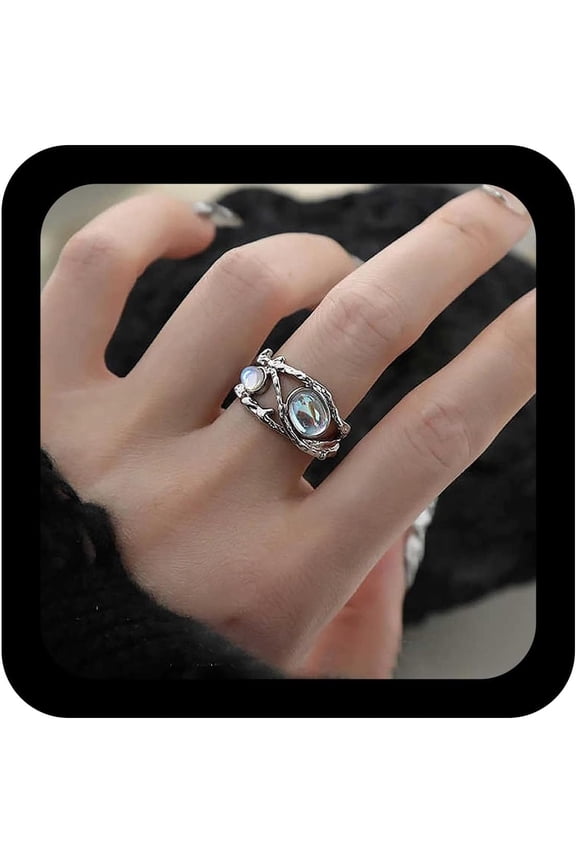 Vintage Moonstone Birthstone Ring Black Adjustable Open Oval Gemstone Ring Gothic Halloween Hollow Opal Knuckle Finger Rings Statement Jewelry for Women