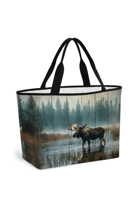 Vintage Moose Beach Bag for Women, Large Breathable Mesh Beach Tote Bag, Retro Animals Wooden Brown Sandproof Lightweight Travel Bags for Vacation Picnic Swimming Pool 15.7"x15.7"x9.1"