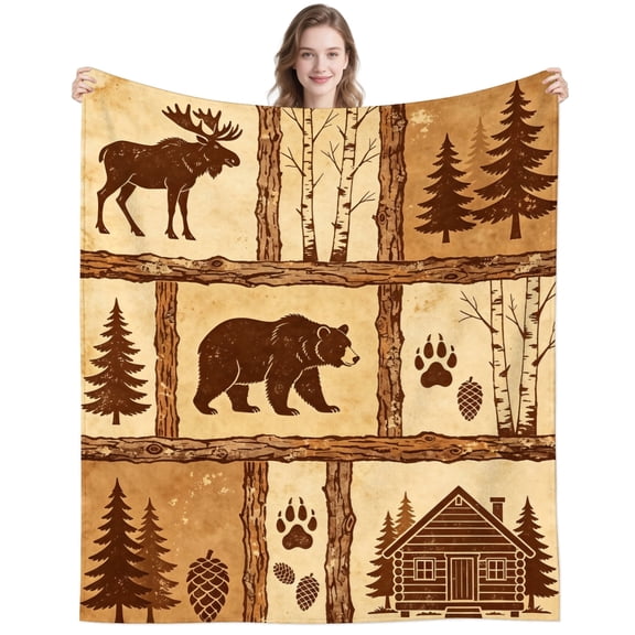 Vintage Moose Bear Blanket Gifts for Men Women Dad Adults Cozy Lightweight Log Cabin Bear Moose Throw Blankets for Couch Sofa Home Decor 50x40 Inch