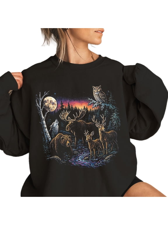 Vintage Moose Bear Wolf Deer Nature Sweatshirt, Retro Wildlife Sweater, Moon Forest Graphic Outdoor Crewneck, Rustic Streetwear for Men and Women