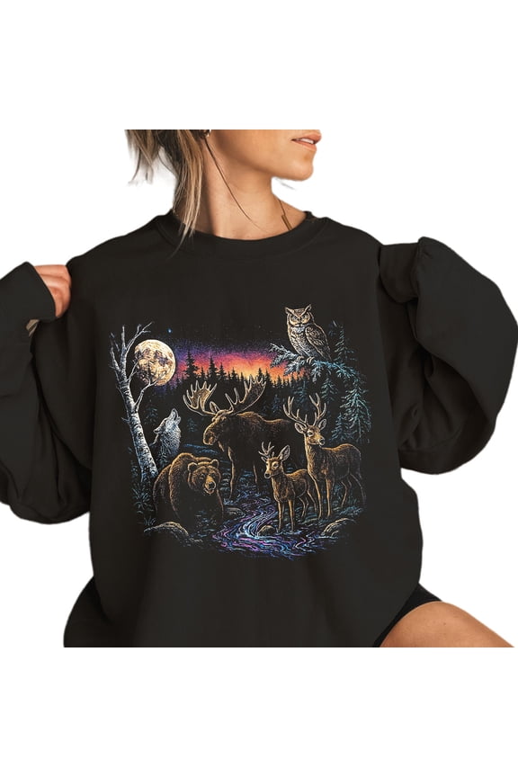 Vintage Moose Bear Wolf Deer Nature Sweatshirt, Retro Wildlife Sweater, Moon Forest Graphic Outdoor Crewneck, Rustic Streetwear for Men and Women