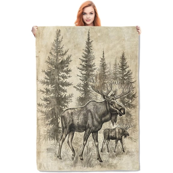 Vintage Moose Blanket Gifts for Adults Kids Soft Warm Lightweight Cozy Flannel Animal Rustic Pine Forest Throw Blankets for Bed Sofa Couch Living Room Decor 80x60in