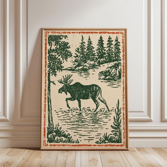 Vintage Moose Linocut Poster, Green and Orange Forest Scene, Unframed Canvas 24x36in