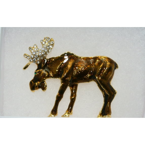 Vintage Moose Pin Crystal Accents on Antlers Brown Gold Tone Moose Brooch, Wild Animal Brooch Jewelry
