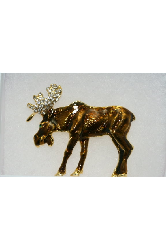 Vintage Moose Pin Crystal Accents on Antlers Brown Gold Tone Moose Brooch, Wild Animal Brooch Jewelry