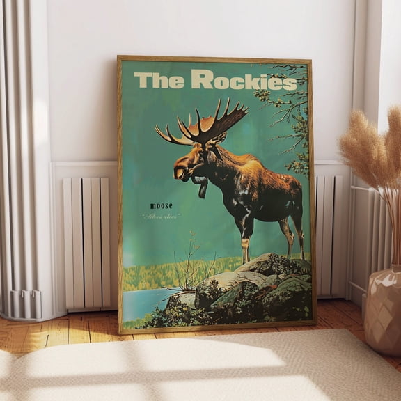 Vintage Moose Print Retro Hunting Poster Outdoors Poster Travel Poster Cabin Cottage Wall Art, Rocky Mountains, Sports Dad, For Him, Gift, Unfreamed 8x12