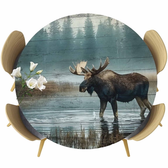 Vintage Moose Round Tablecloth 36-44 Inch Round Fitted Table Cloth with Elastic Edge, Retro Animals Wooden Brown Waterproof Table Cover Protector for Outdoor Picnic Party Dining