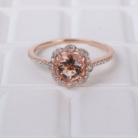 Vintage Morganite Halo Ring Pink Gemstone Engagement Ring Solitaire Promise Ring 18k Rose Gold Wedding Jewelry Anniversary Gift For Women