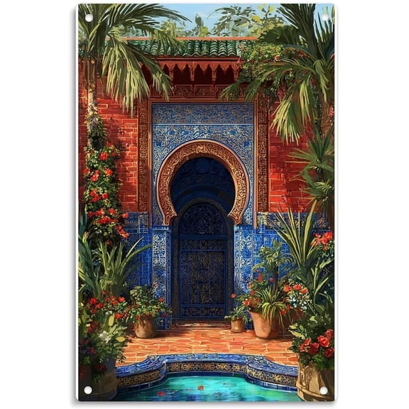 Vintage Moroccan Blue Tile Archway Garden Tin Sign, Metal Wall Decor Plaque, 8 x 12 Inch, Retro Aesthetic for Home, Bedroom, Kitchen, Bar, Dorm or Bathroom