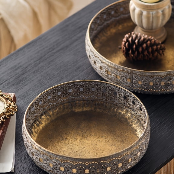 Vintage Moroccan Iron Tray-Handcrafted Distressed Iron with Intricate Patterns, Boho Decor Tray for Coffee Table (Non-Food Contact)